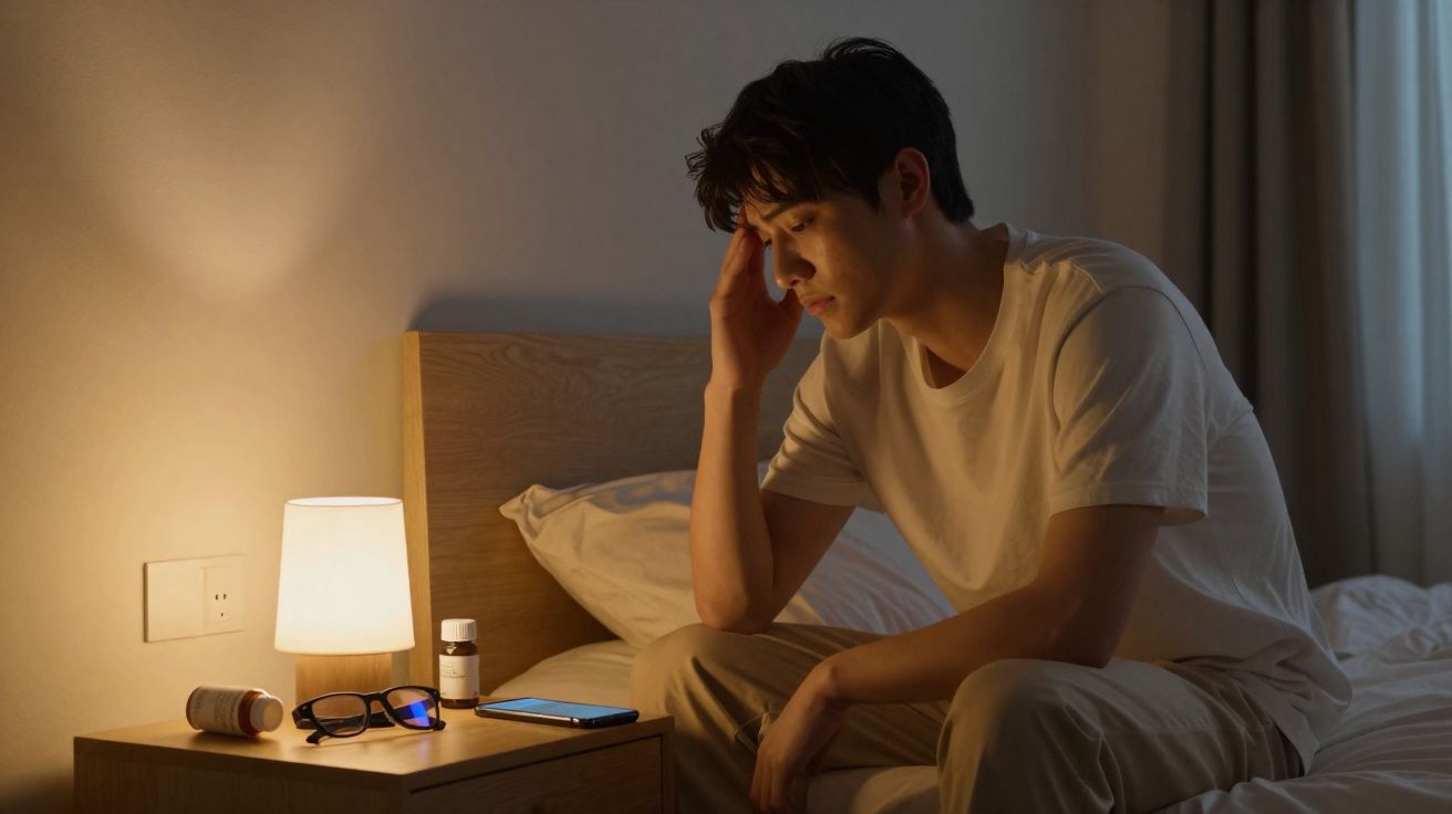 Homem sentado na cama com ar preocupado, olhando para o telemóvel numa mesa de cabeceira com medicamentos e candeeiro ligado.