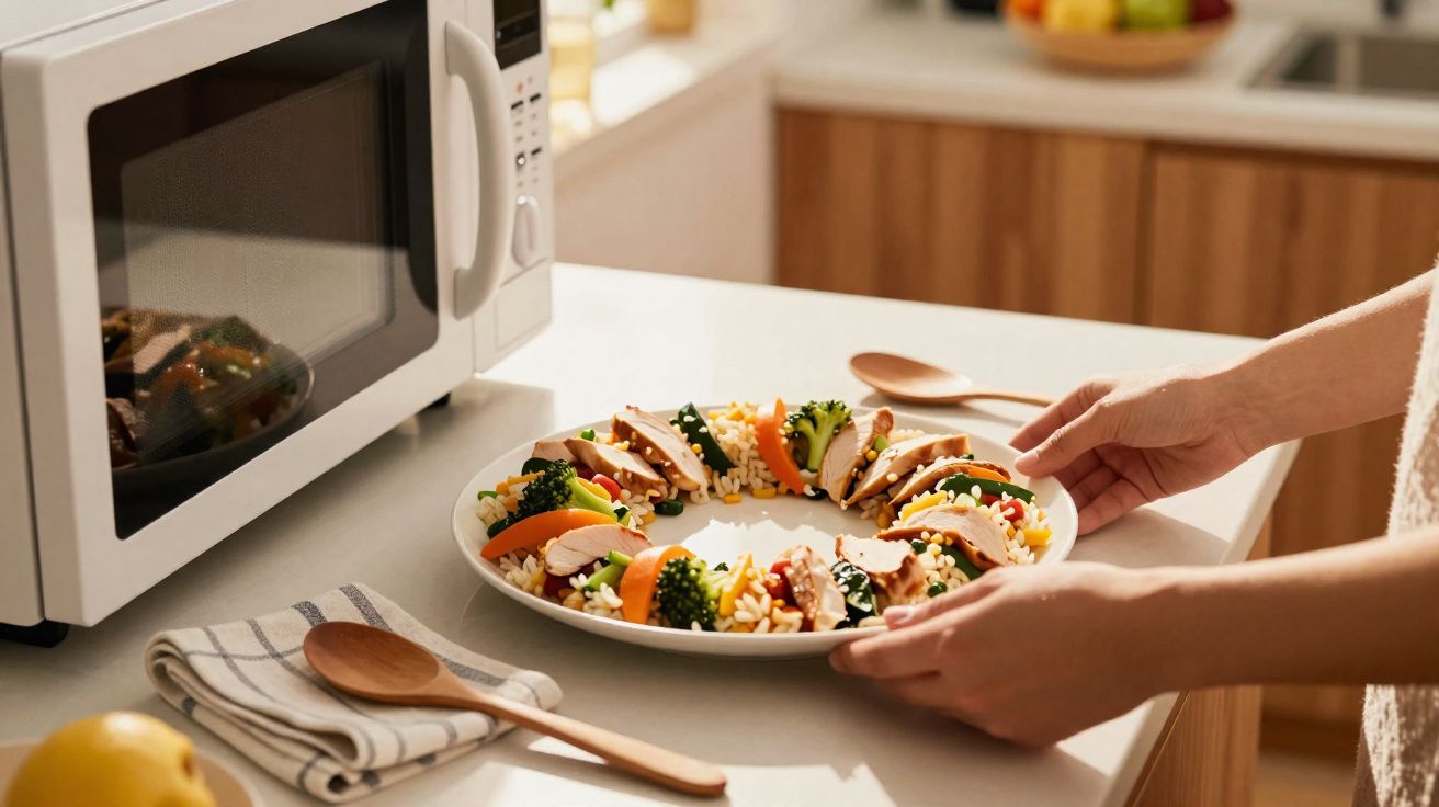 Pessoa a preparar prato de arroz, legumes e peixe num balcão de cozinha com micro-ondas ao fundo.