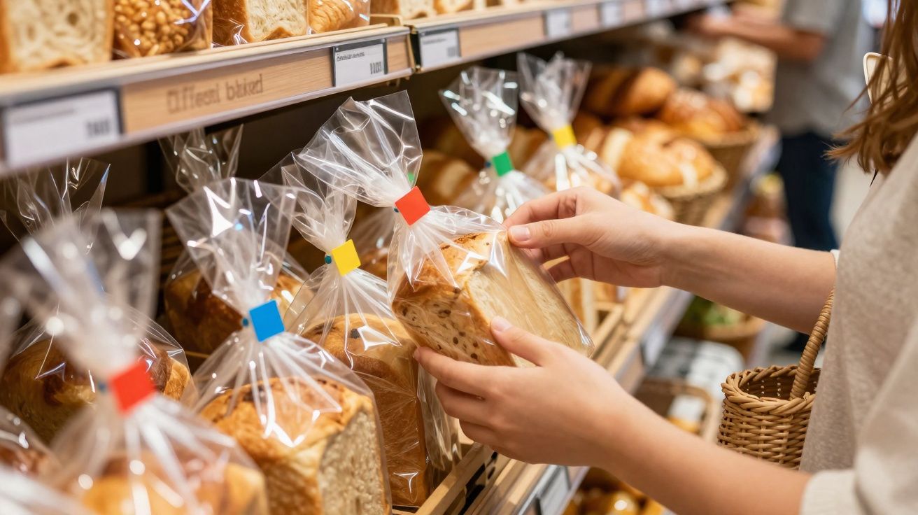 Pessoa a escolher pão embalado numa prateleira de padaria com várias opções de pães frescos.