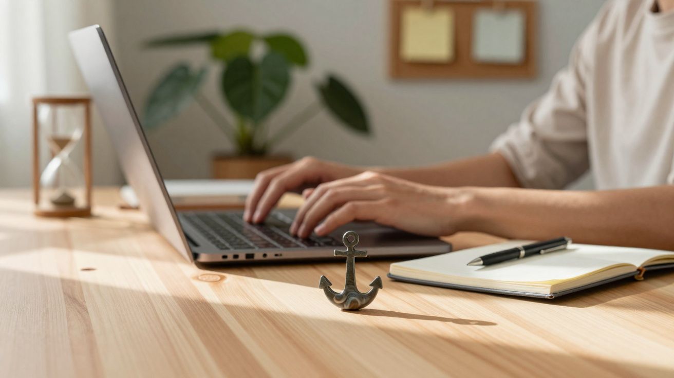 Pessoa a usar portátil numa secretária com caderno, caneta, âncora decorativa e ampulheta ao fundo.