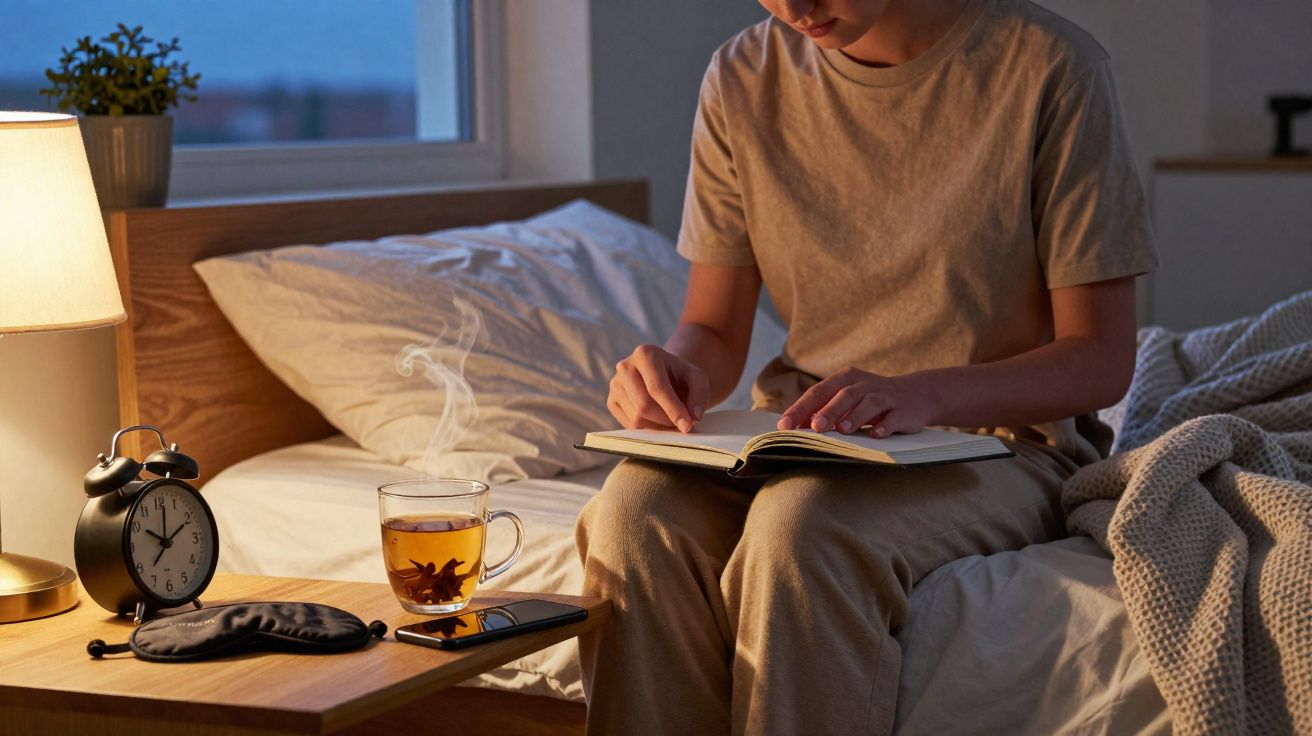 Pessoa sentada na cama a ler um livro à noite, com chá quente, relógio e máscara de dormir na mesa ao lado.