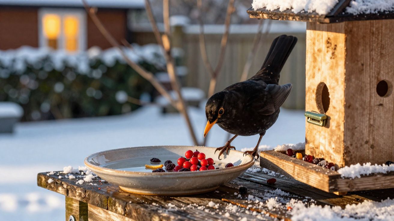 Pássaro preto a alimenta-se de bagas vermelhas numa taça sobre mesa de madeira com neve e casa para pássaros.