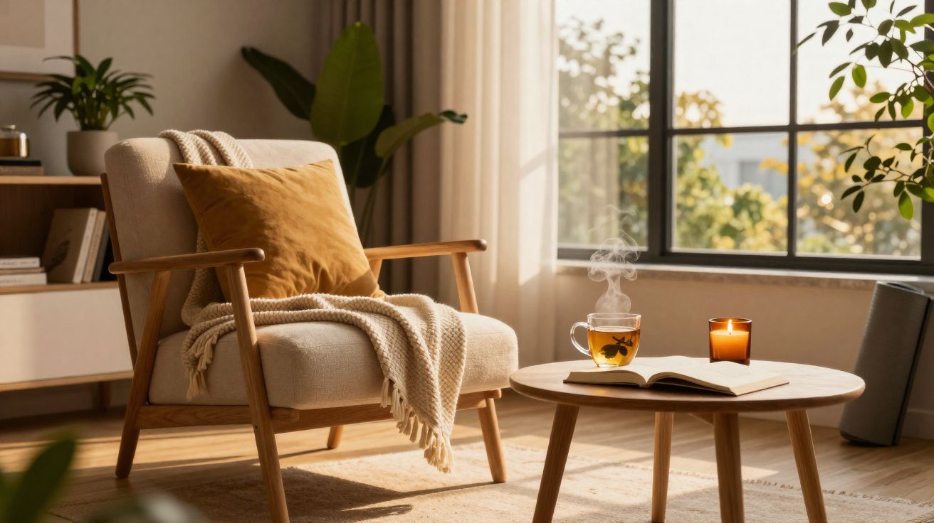 Poltrona com almofada e manta ao lado de mesa com chá quente, vela acesa e livro aberto junto a janela.