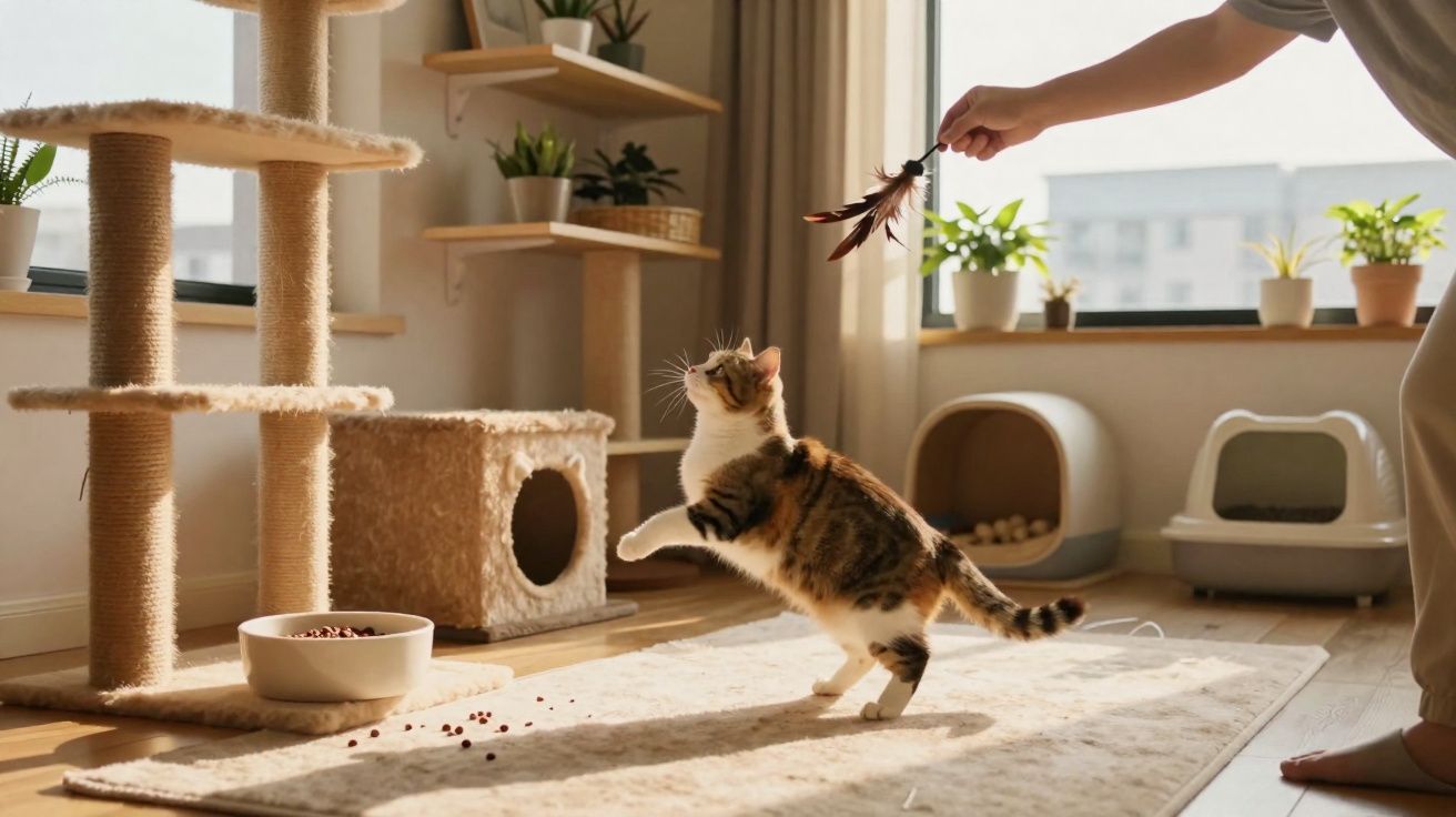 Gato tigrado a brincar com brinquedo de penas numa sala iluminada com arranhador e plantas.