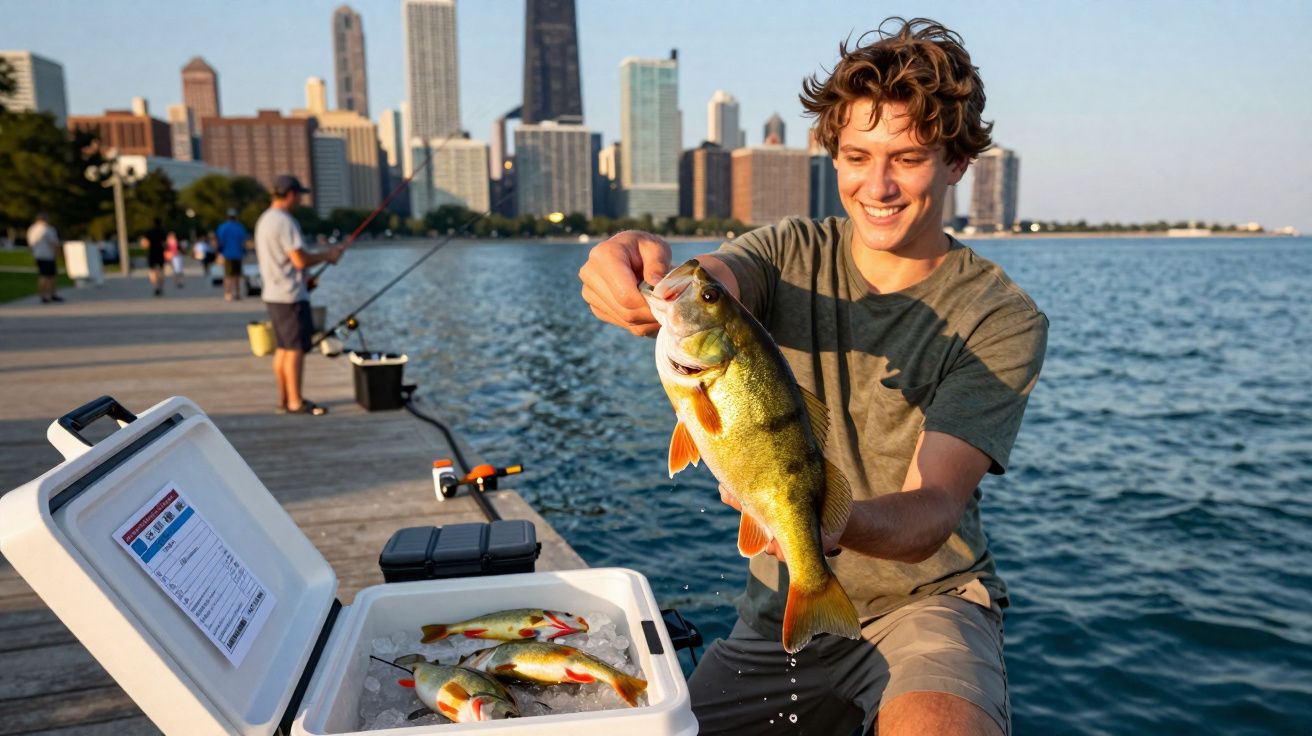 Jovem sorridente segura peixe apanhado junto a caixa de peixes, no cais à beira de um lago na cidade.