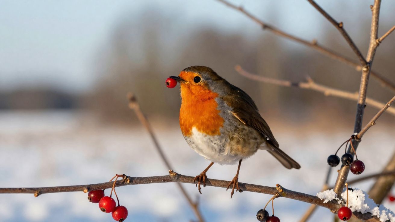 Pisco-de-peito-ruivo pousado num ramo com frutos vermelhos e neve ao fundo desfocada.