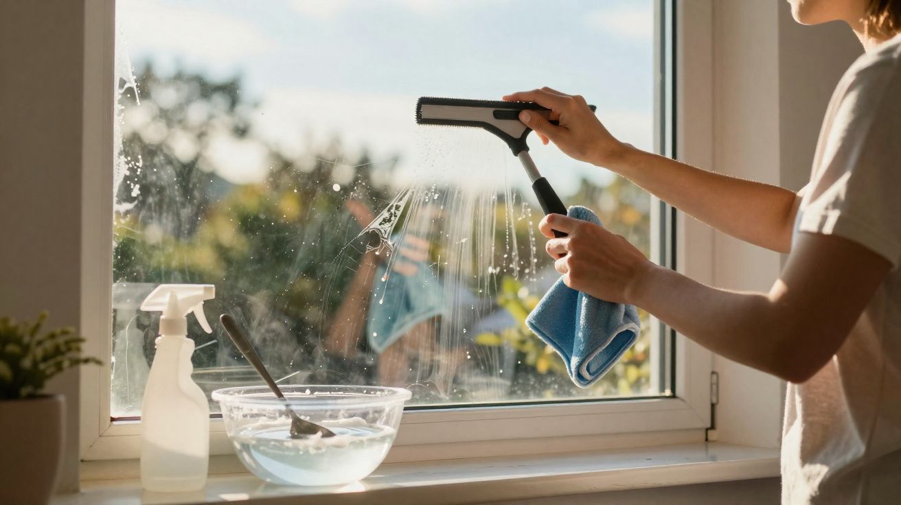 Pessoa a limpar janela com esfregona e pano azul durante o dia com spray e balde na bancada.