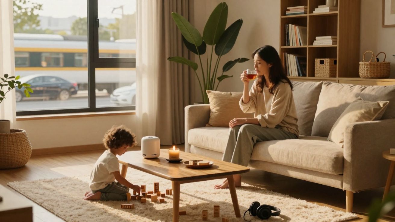 Mulher sentada no sofá a beber chá, criança a brincar com blocos de madeira numa sala luminosa.