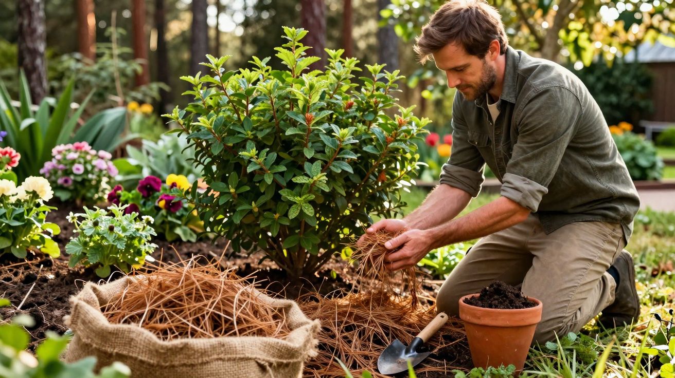 Homem a jardinar cobre terra com palha em canteiro florido num jardim ensolarado.