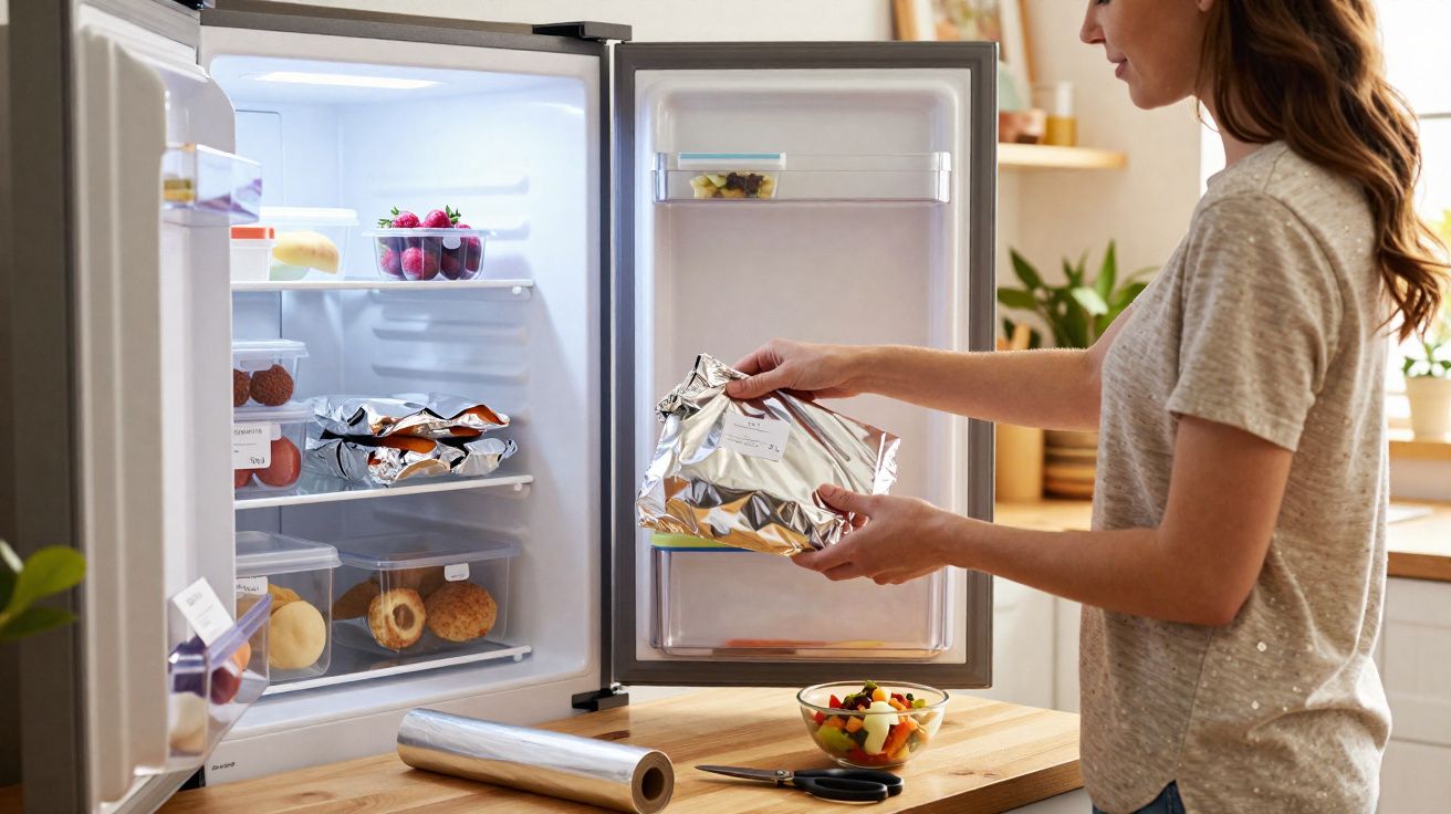 Mulher a guardar alimentos embalados no frigorífico aberto, numa cozinha iluminada e organizada.