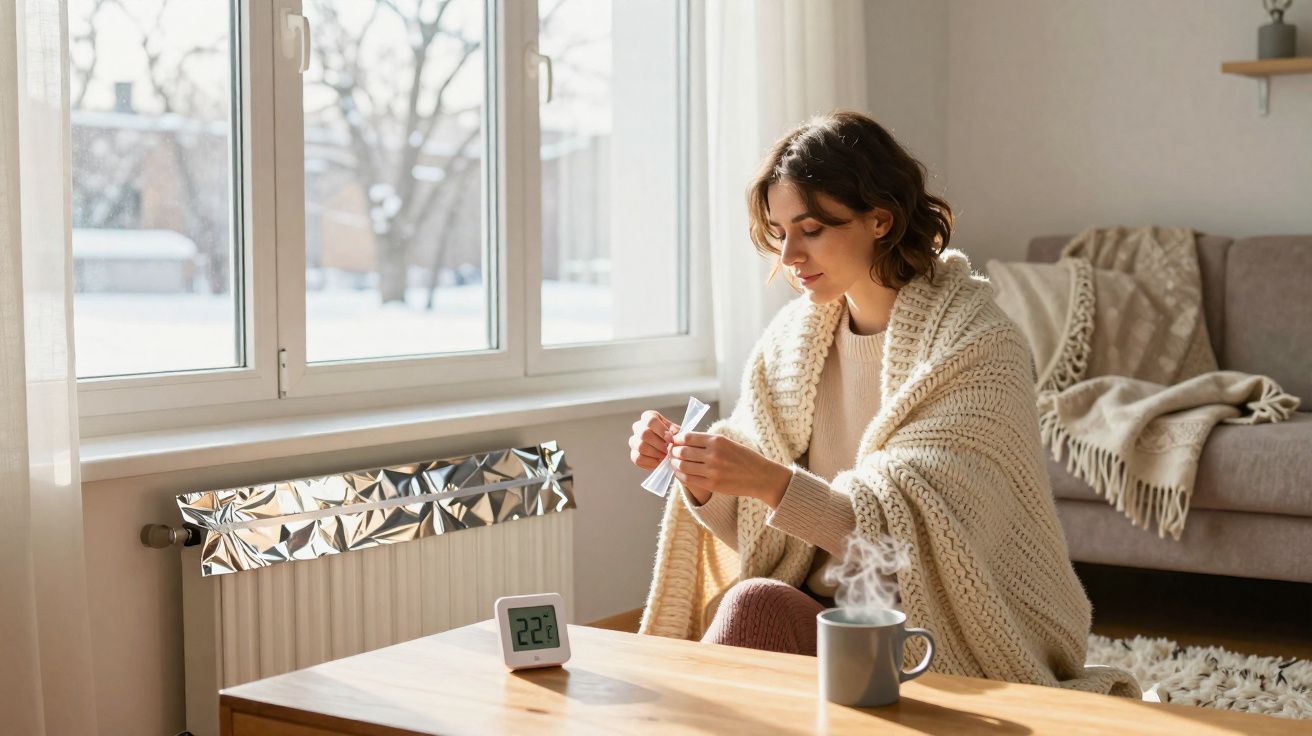 Mulher sentada enrolada em manta numa sala quente, segurando pilula para arrefecer, com chá quente na mesa.