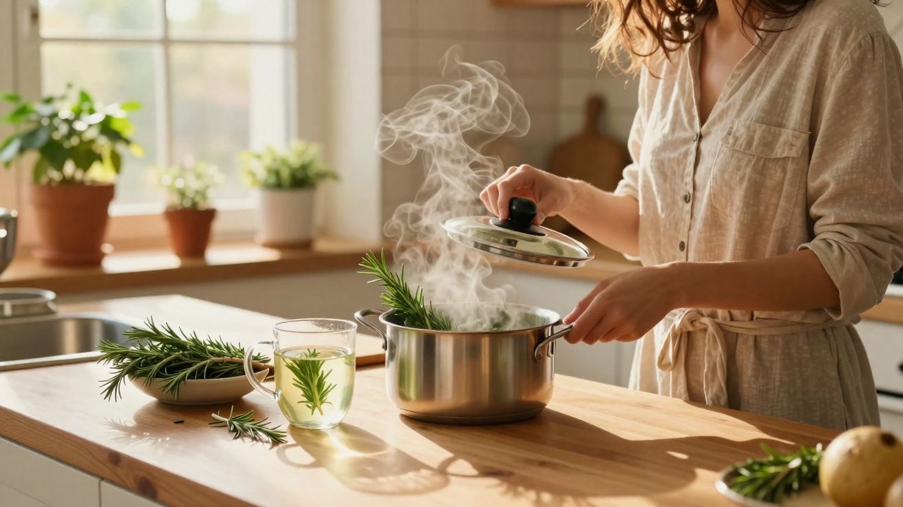 Pessoa a levantar tampa de panela com vapor e ramo de alecrim numa cozinha iluminada pela luz natural.