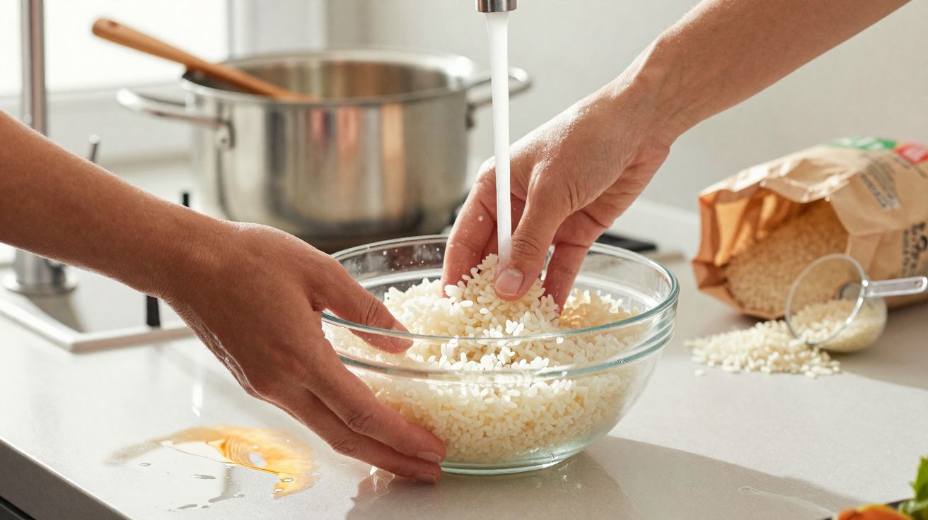 Duas mãos a lavar arroz numa tigela de vidro debaixo de água na cozinha, com panela ao fundo.