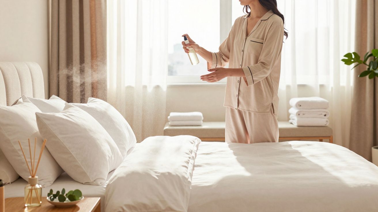 Mulher em pijama a borrifar aromatizador sobre uma cama branca num quarto iluminado pelo sol.
