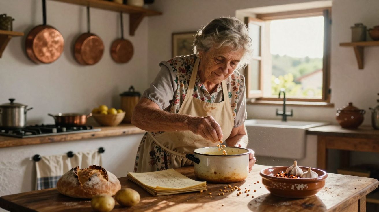 Idosa a cozinhar numa cozinha rústica, adicionando ingredientes a uma panela sobre a mesa de madeira.