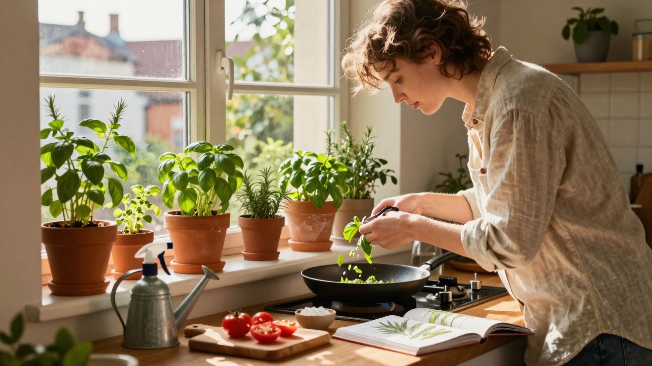 Jovem a cozinhar com ervas frescas junto à janela numa cozinha iluminada e cheia de plantas.