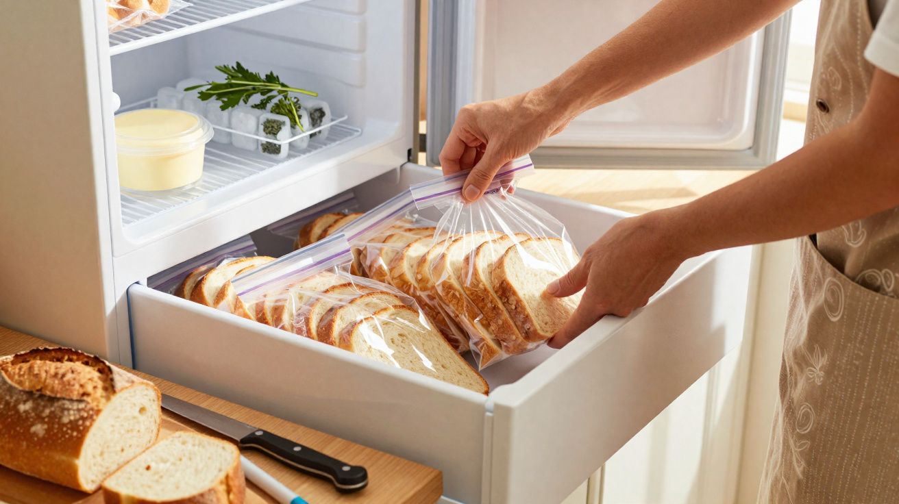 Mãos guardam sacos plásticos com fatias de pão branco num gavetão de frigorífico aberto.