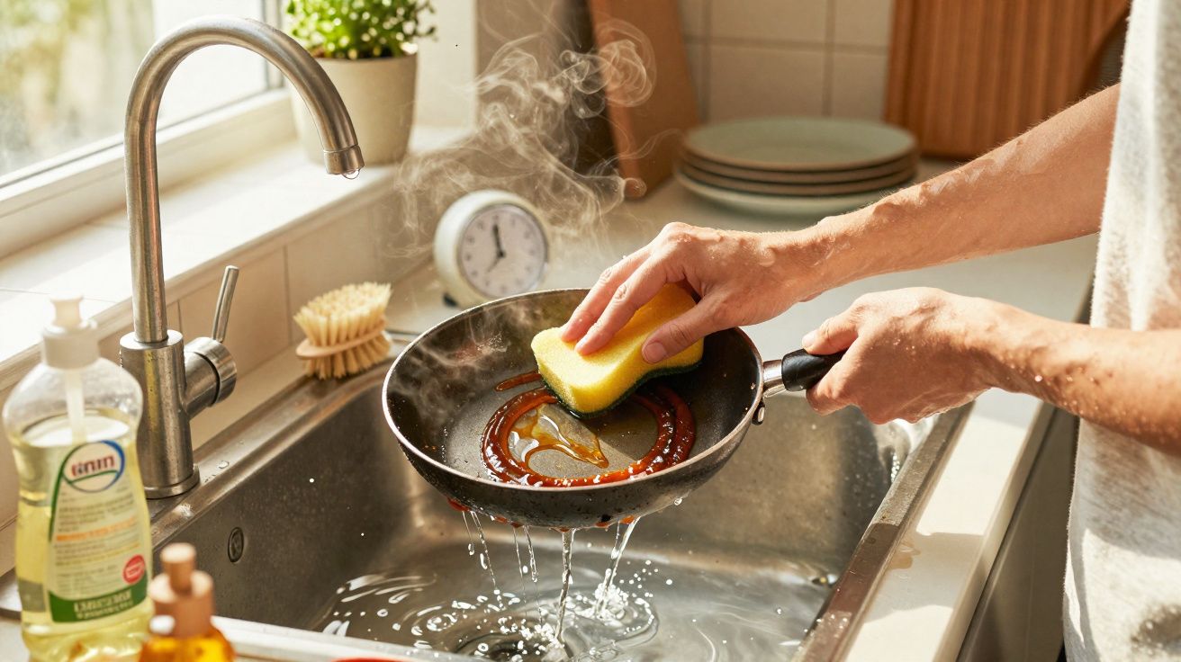 Mãos a lavar uma frigideira quente com esponja sobre a pia de cozinha a meio da limpeza.