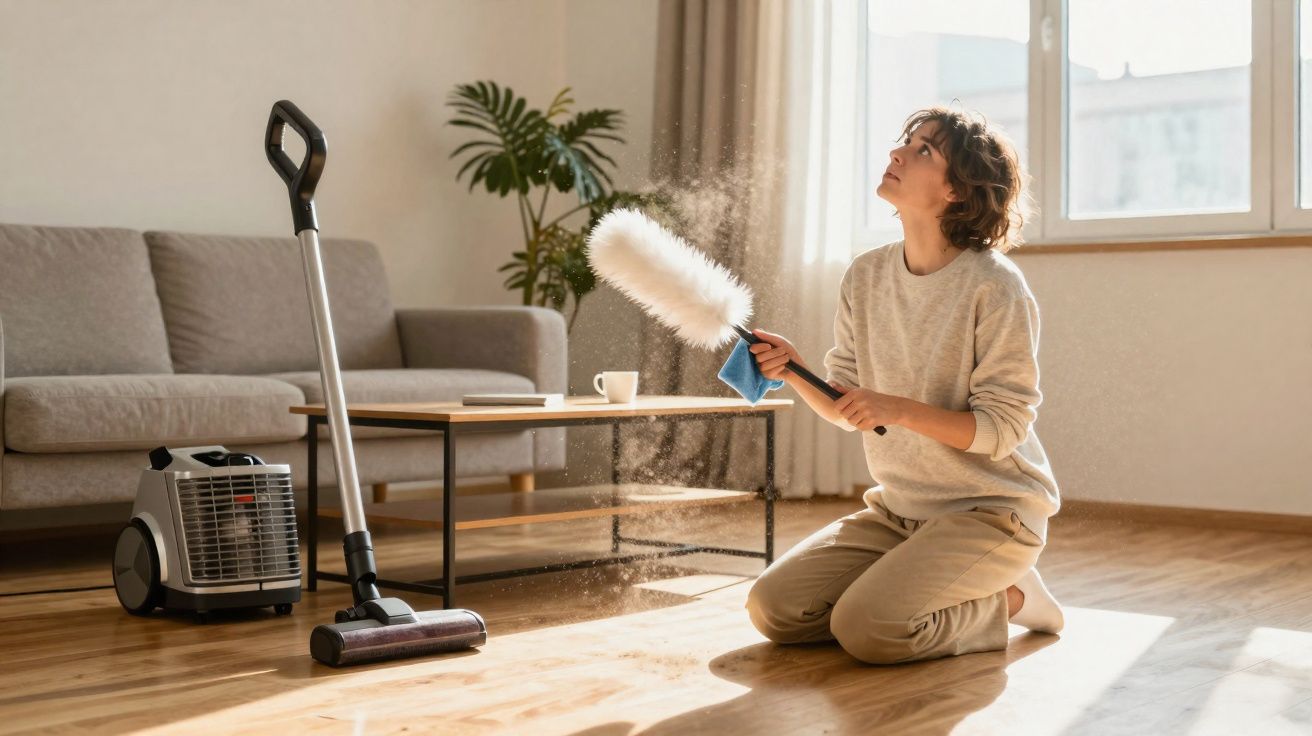 Mulher a limpar pó num chão de madeira enquanto está ajoelhada numa sala iluminada e espaçosa.