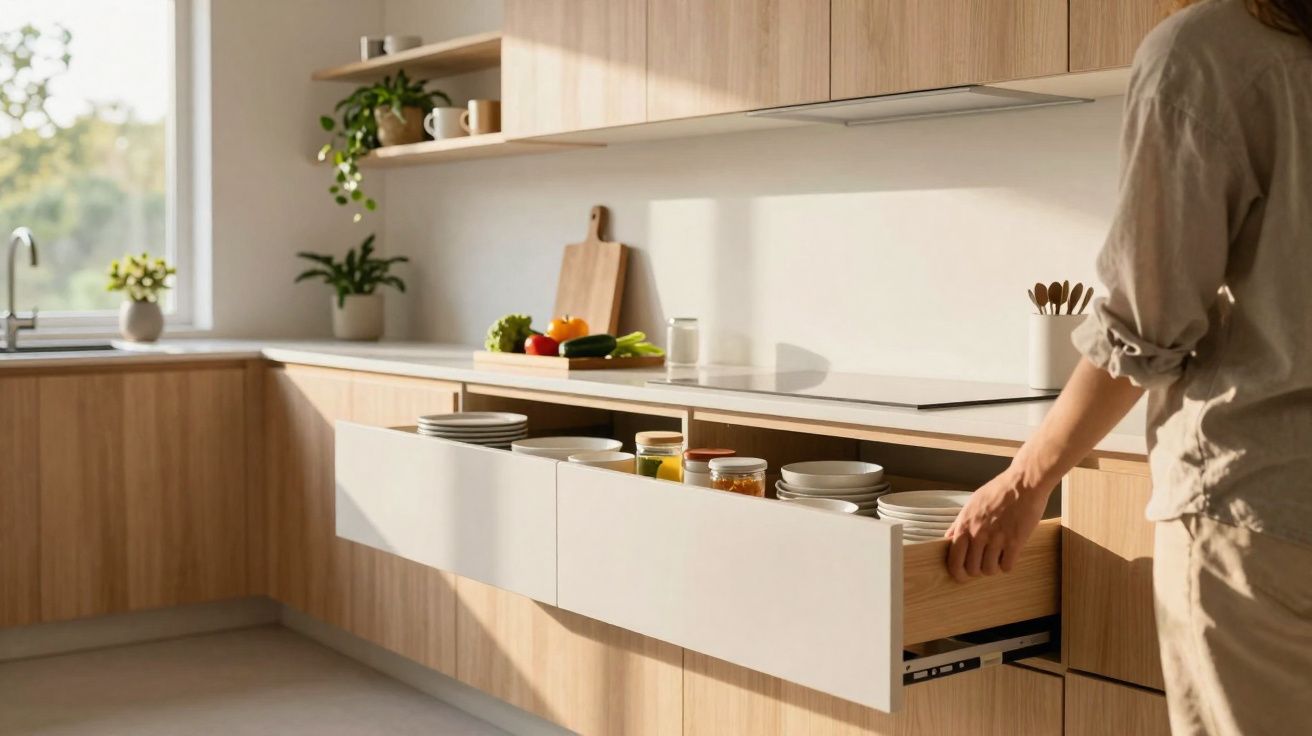 Pessoa a abrir gaveta com loiça numa cozinha moderna com armários de madeira clara e luz natural.