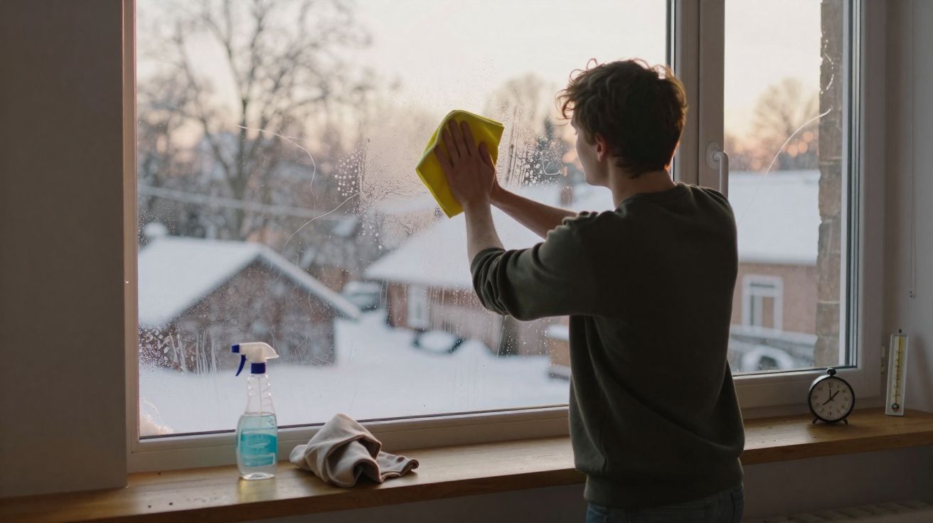 Pessoa limpa uma janela grande com pano amarelo durante o dia, com vista de casas e neve no exterior.