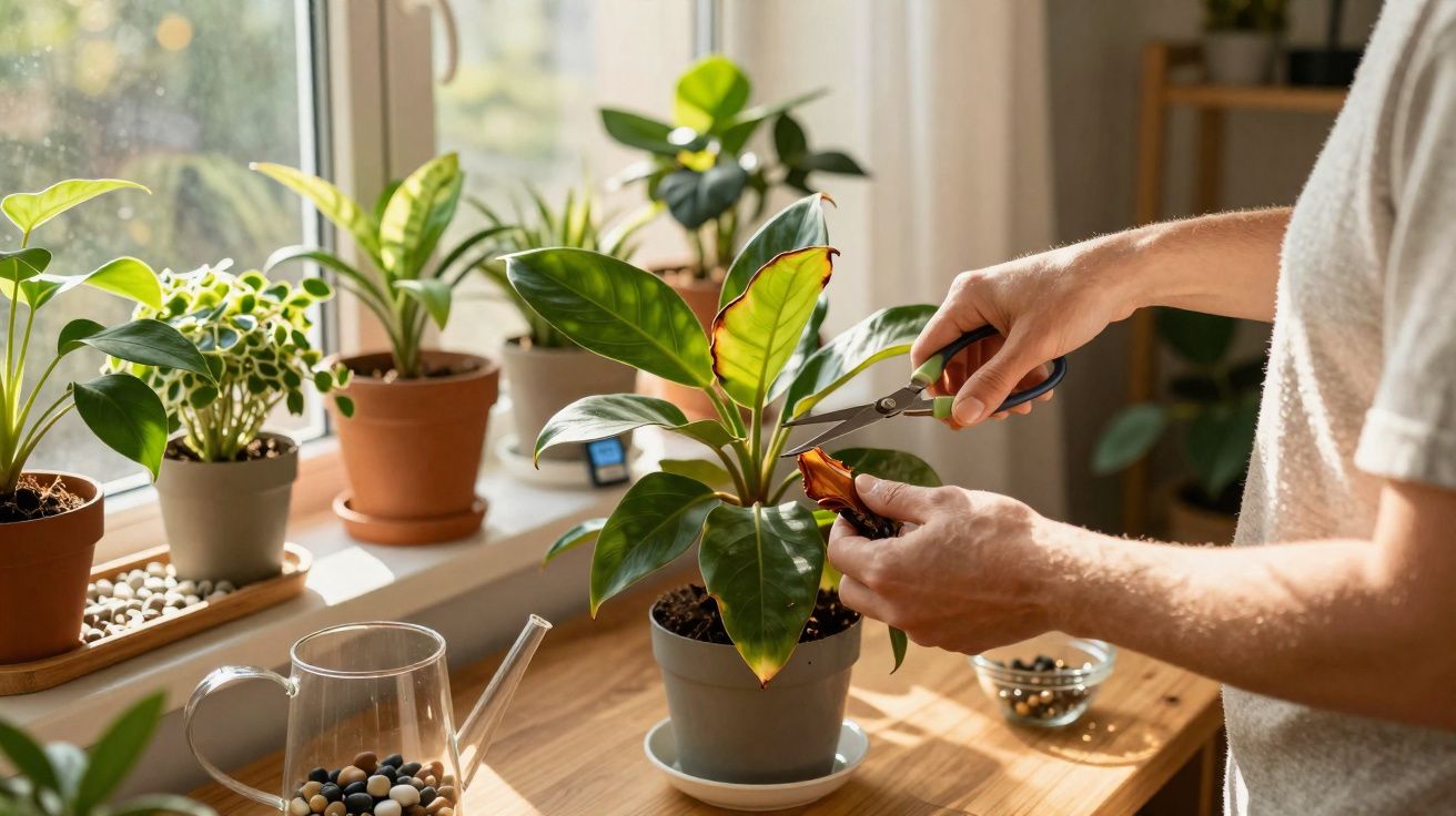 Pessoa a aparar folhas secas de uma planta em vaso junto a janela com outras plantas e regador.