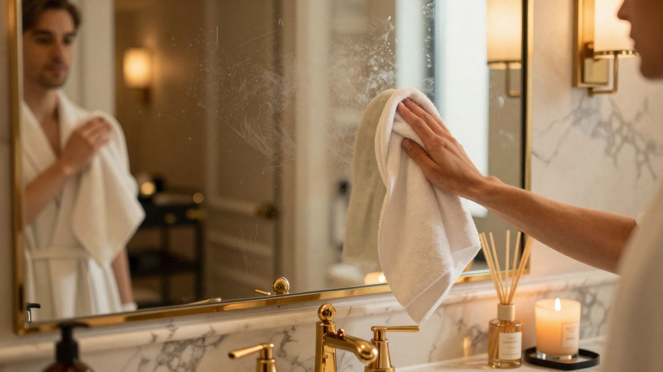 Pessoa a limpar espelho do banheiro com toalha branca, perto de vela e dispensador dourado.