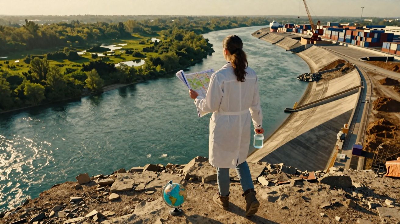 Pessoa de bata branca segura mapa e frasco junto a globo em margem de rio com infraestrutura portuária e área verde.