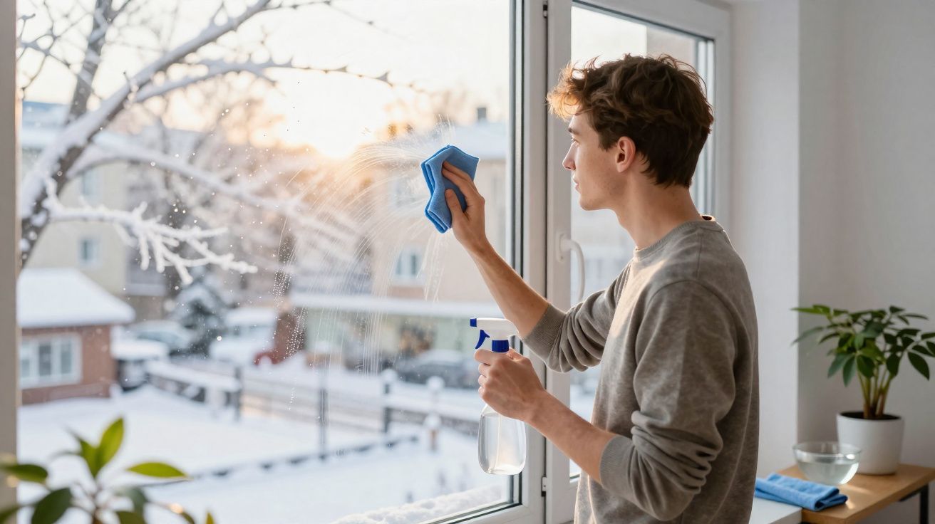 Homem a limpar uma janela de vidro com um pano e pulverizador num dia de inverno nevado.