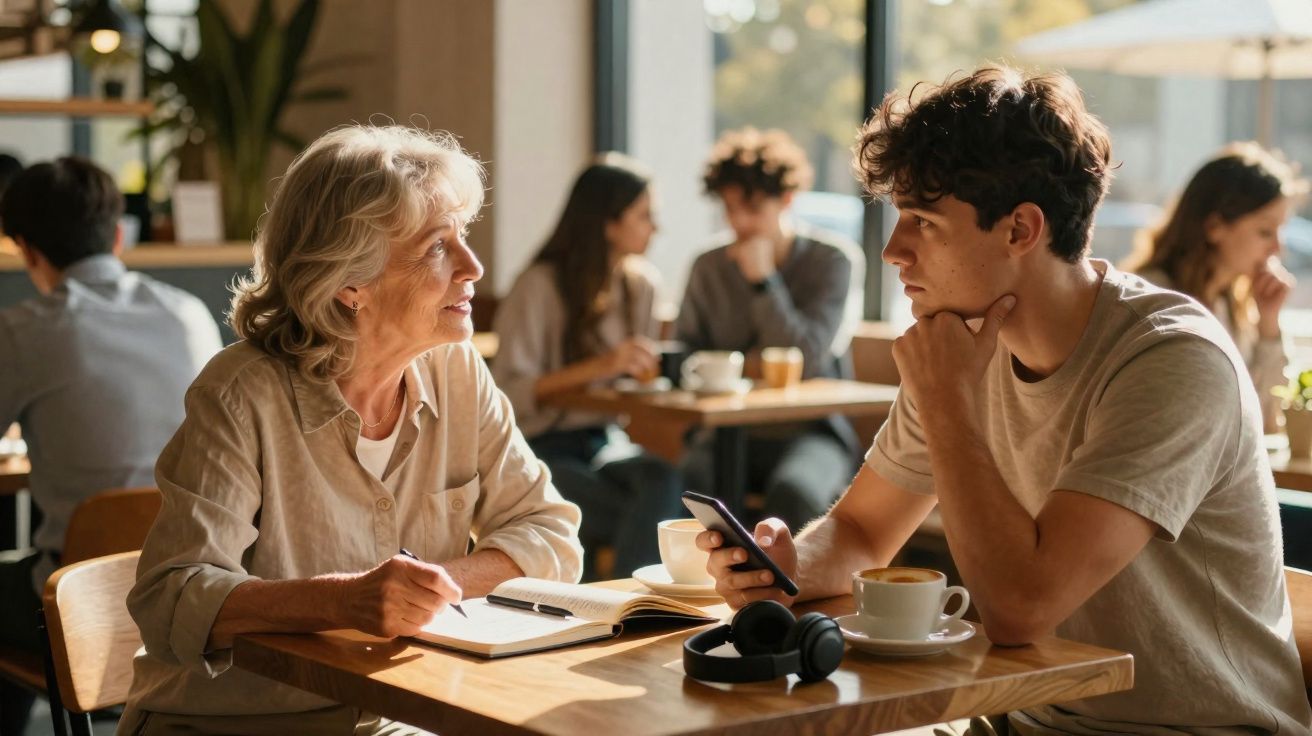 Mulher idosa e jovem conversam sentados numa mesa de café com chávenas e cadernos à frente.