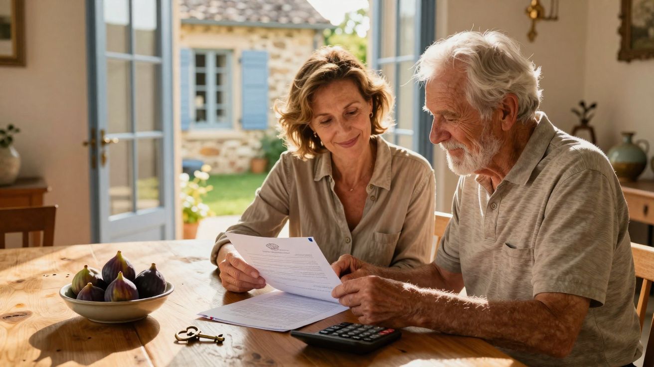 Casal sénior sentado à mesa com documentos e calculadora, numa sala iluminada e acolhedora.