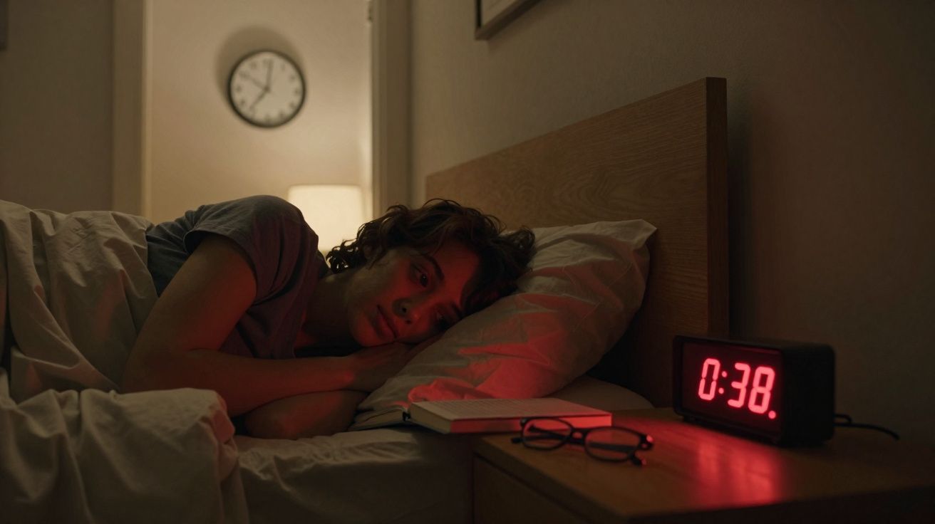 Pessoa deitada na cama a olhar para um relógio digital que marca 0:38 numa noite escura.