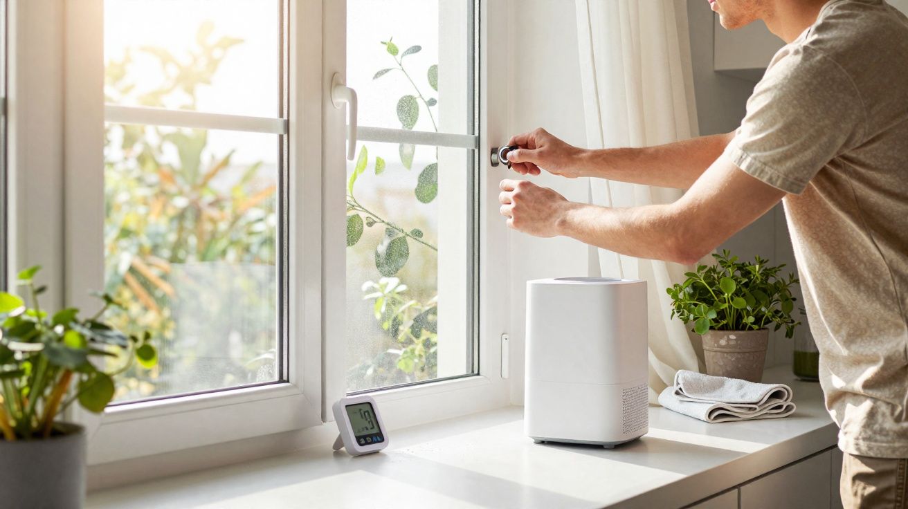 Pessoa a abrir janela ao lado de humidificador e plantas num balcão iluminado pela luz natural.
