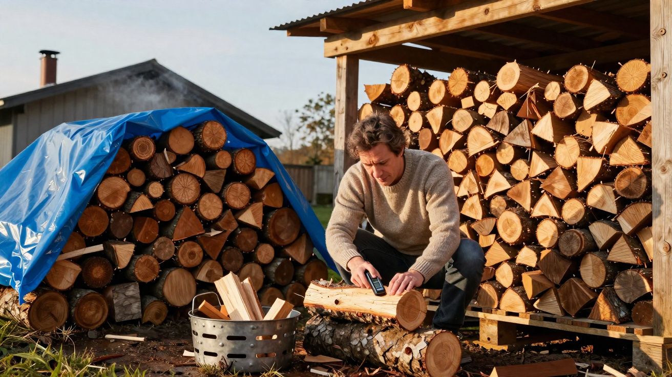 Homem a cortar lenha junto a grandes pilhas de troncos empilhados e cobertos num coberto e com lona azul.