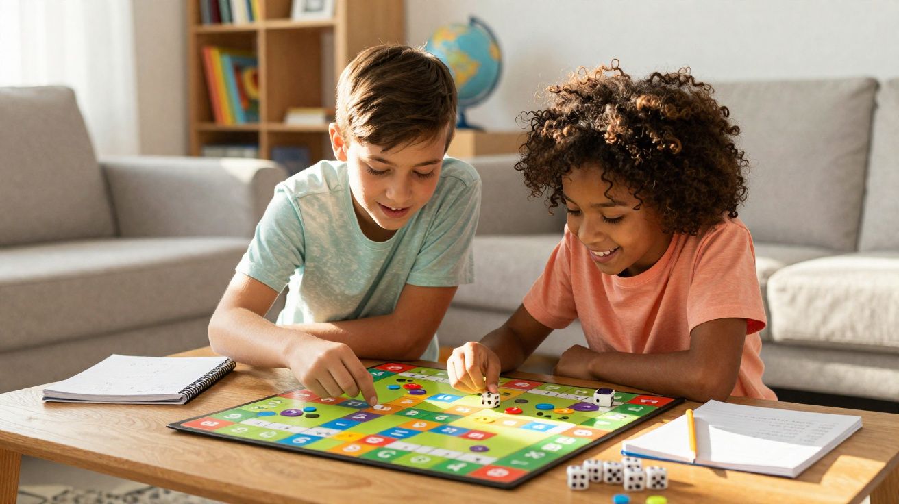 Duas crianças a jogar jogo de tabuleiro numa mesa, sorrindo, numa sala de estar iluminada.
