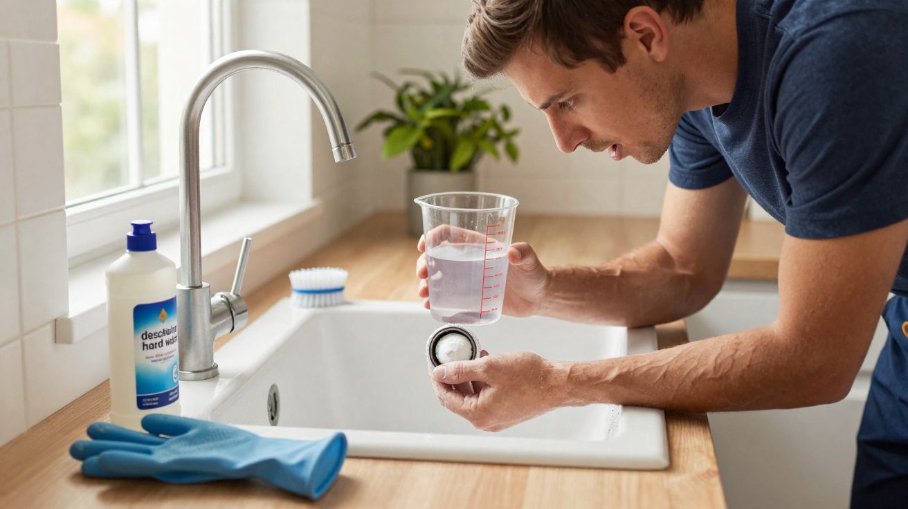 Homem a preparar solução de limpeza para desobstruir o ralo da pia numa cozinha com luz natural.