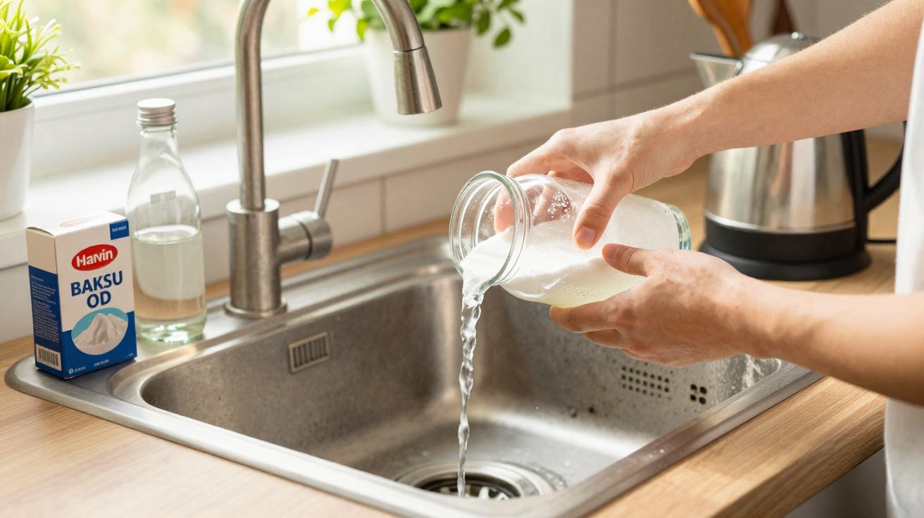 Pessoa a deitar água de um jarro de vidro na pia da cozinha, com caixa de fermento e garrafa na bancada.