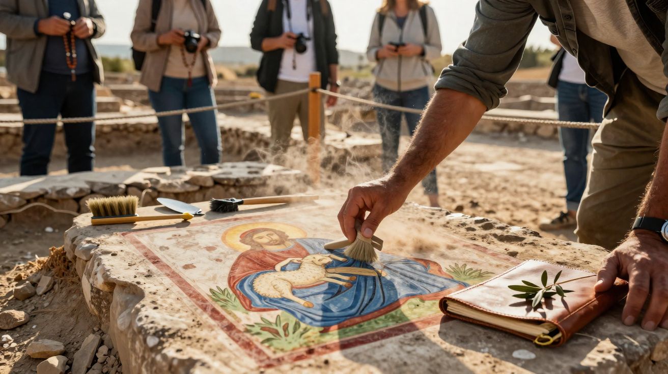 Mão a limpar mosaico colorido de figura religiosa em escavação arqueológica, com grupo de pessoas ao fundo.
