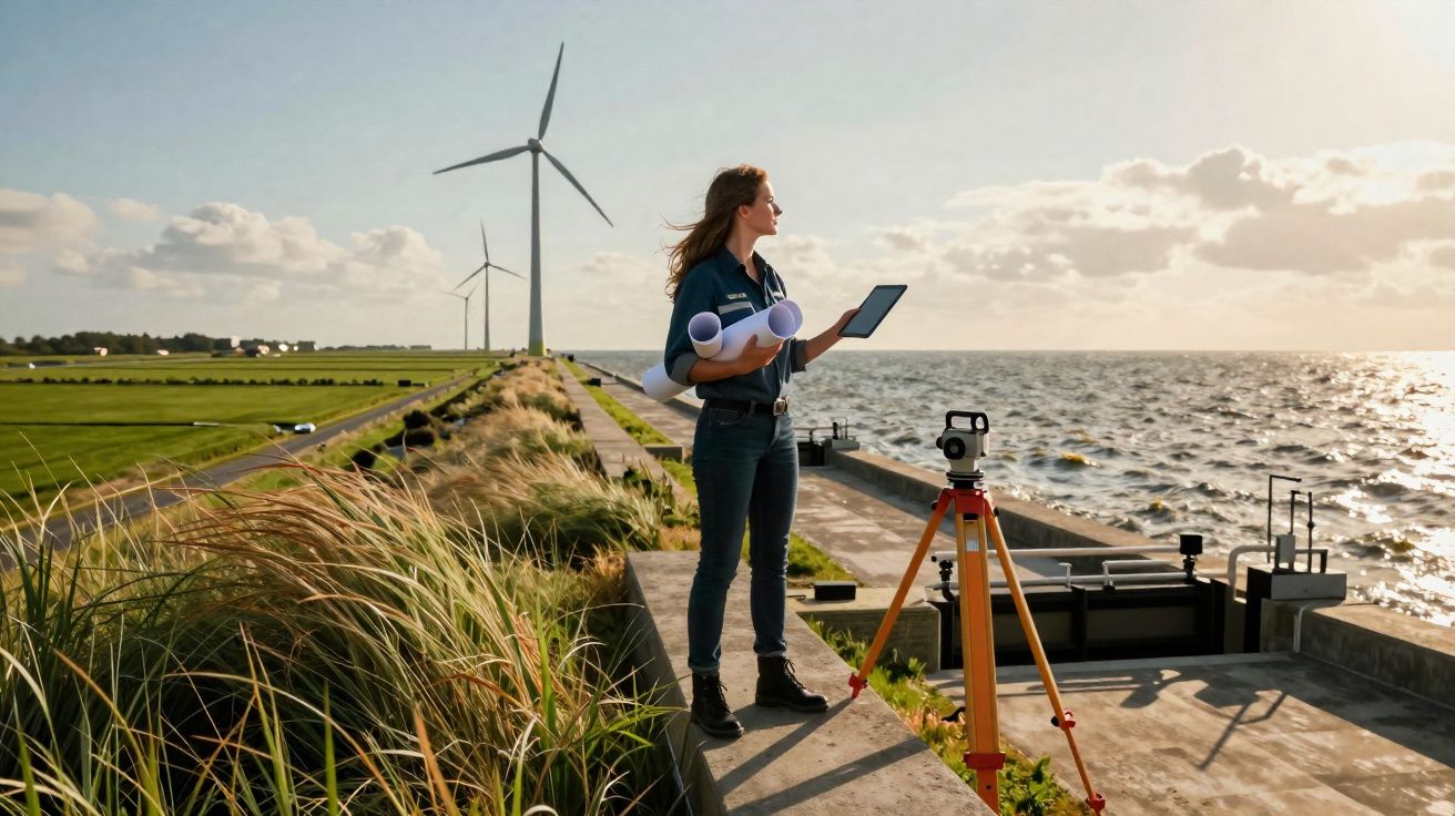 Engenheira com plantas e tablet junto a equipamento de medição, perto de turbinas eólicas junto ao mar.