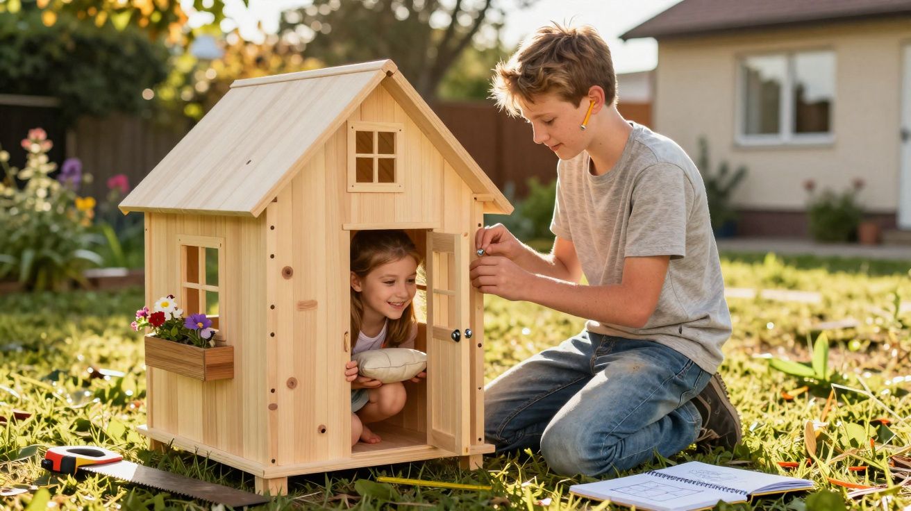 Menino e menina brincam com casinha de madeira num jardim ensolarado, com ferramentas e caderno no chão.