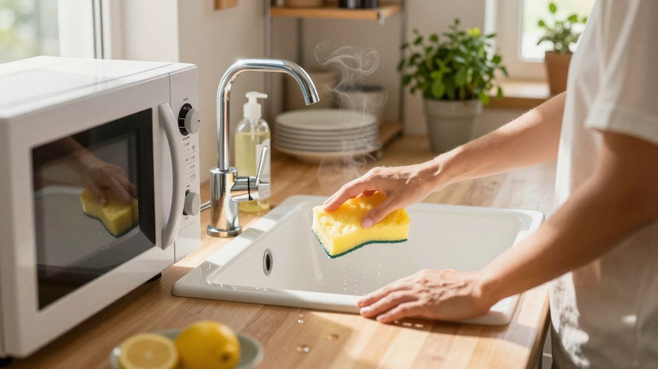 Pessoa a limpar pia de cozinha branca com esponja amarela, ao lado de micro-ondas e limões na bancada.