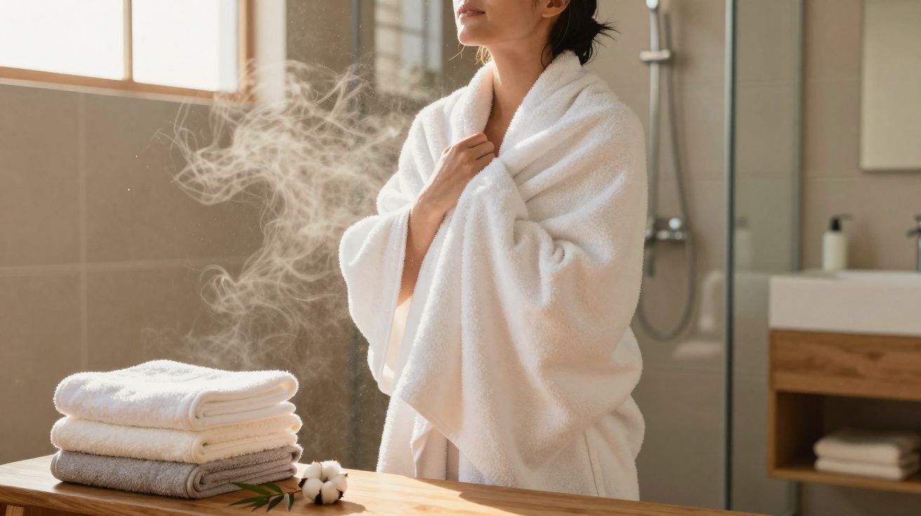 Pessoa com roupão branco a desfrutar do vapor quente no interior de uma casa de banho luminosa e moderna.