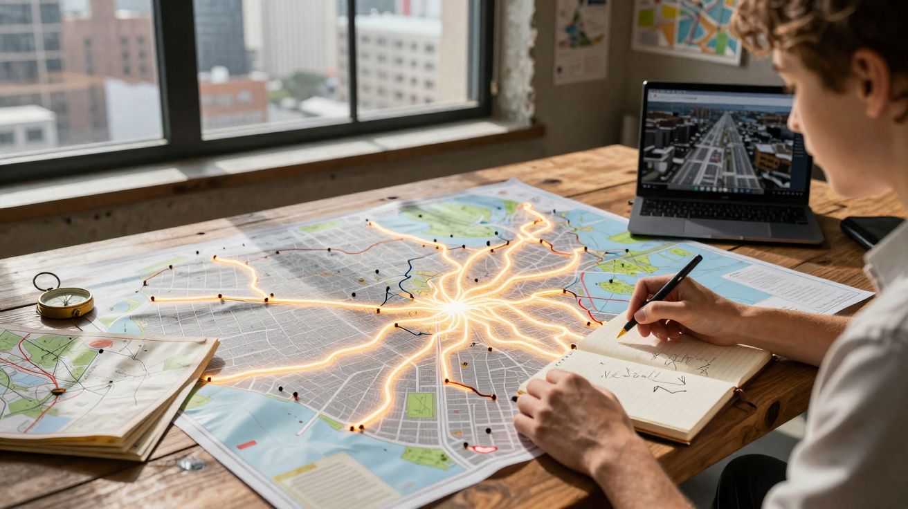 Pessoa a estudar mapa com rotas iluminadas, escrevendo em caderno, com computador e bússola na mesa perto da janela.