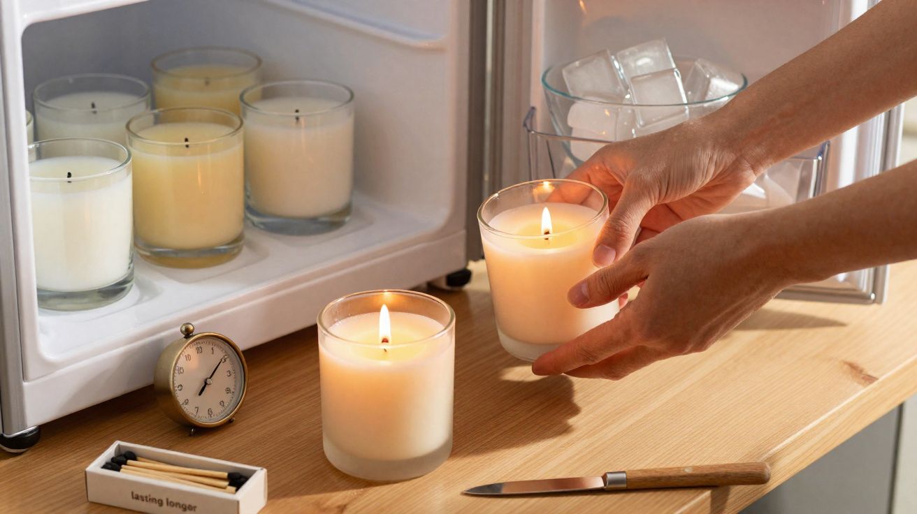 Mãos a pegar vela acesa num frasco de vidro à frente de mini-frigorífico com outras velas e caixa de fósforos.