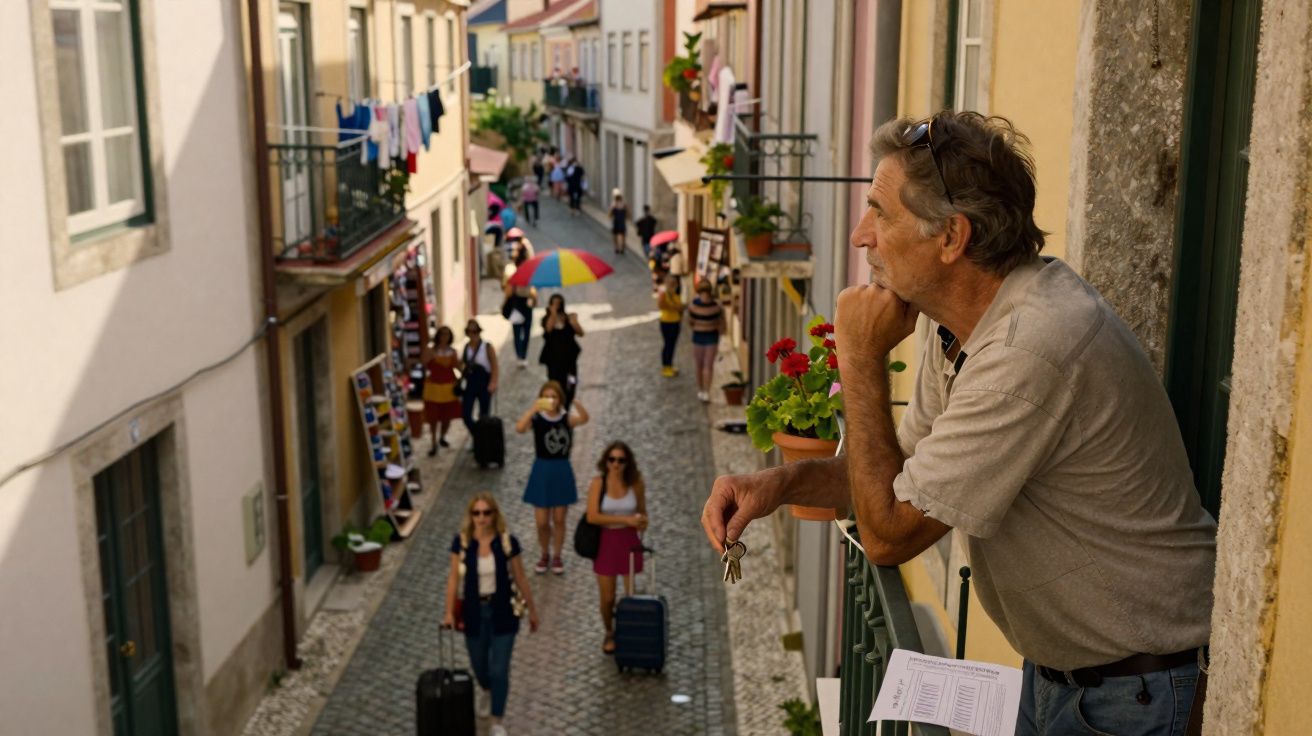 Homem observa rua estreita e movimentada com turistas e moradores, segurando chaves numa varanda.