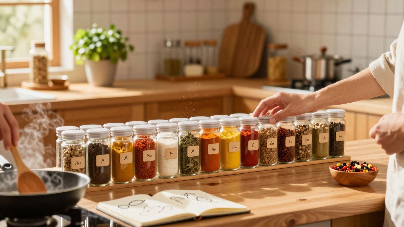 Frascos de vidro com especiarias alinhados numa bancada de cozinha iluminada, com duas mãos a organizar.