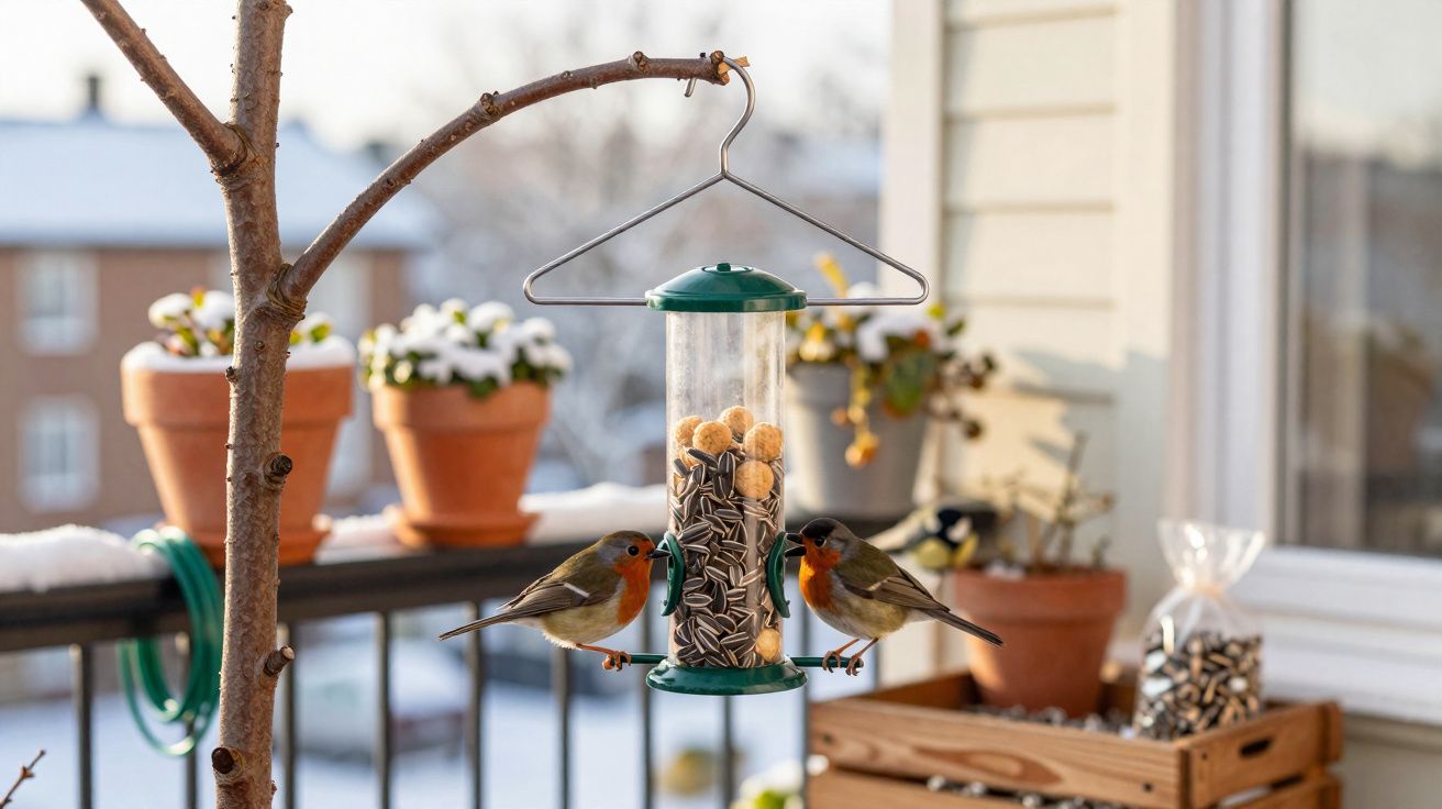 Dois passarinhos alimentam-se num comedouro pendurado num galho na varanda com vasos de flores ao fundo.