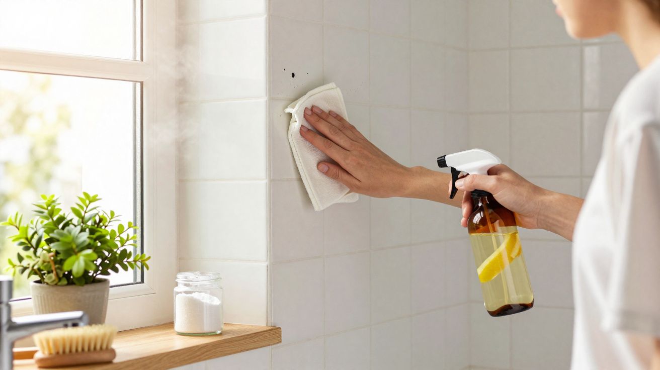 Pessoa a limpar azulejos brancos com pano e pulverizador numa cozinha luminosa junto a uma janela.