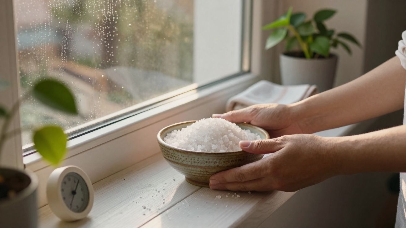 Mãos seguram recipiente com sal grosso junto à janela com gotas de chuva e plantas em vasos.