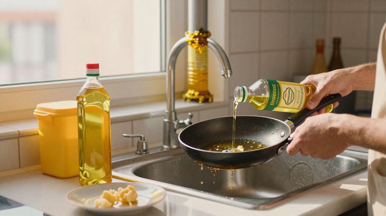 Pessoa a deitar óleo de cozinha numa frigideira sobre a pia da cozinha, com pedaços de alho num prato ao lado.